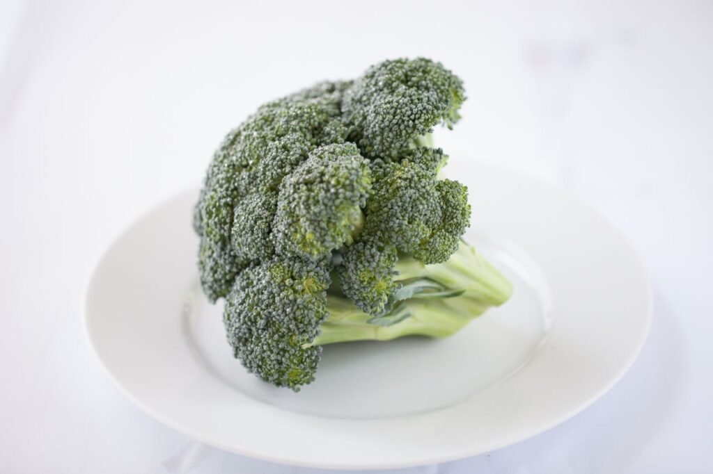 Close-up of a fresh broccoli floret on a white plate, showcasing its vibrant color.
