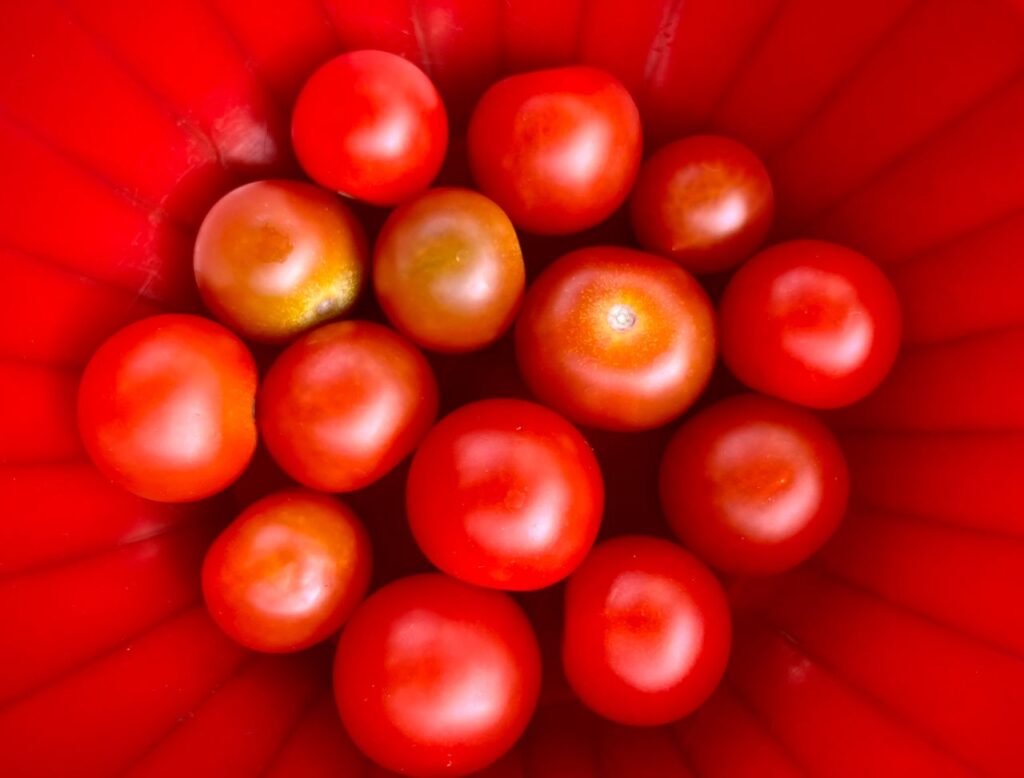 A vivid display of ripe cherry tomatoes in a vibrant red bowl, top view.