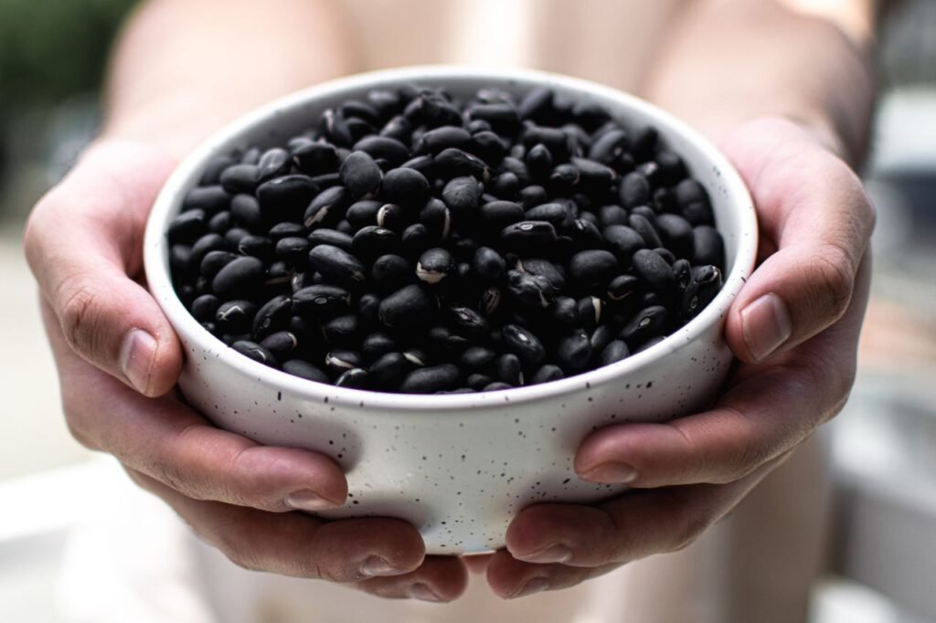 A close-up view of hands holding a bowl filled with black beans, suitable for culinary and agricultural themes.